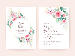 Set of wedding invitation template with floral frame & border, and gold leaves. Flowers composition vector for save the date, greeting, thank you, rsvp, etc