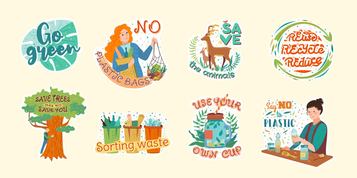 Set of various ecological stickers. Vector illustration