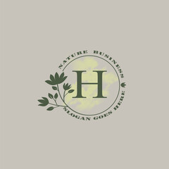 Circle nature tree H letter logo with green leaves in circle line shape for Initial business style with botanical leaf elements vector design.