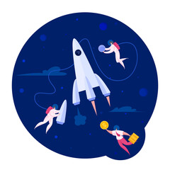 People fixing rocket in space. Flat vector illustration