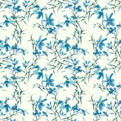 Fototapeta na wymiar Flowers Seamless Pattern. Watercolor Background.