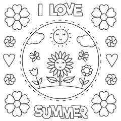 I love Summer. Coloring page. Black and white vector illustration.