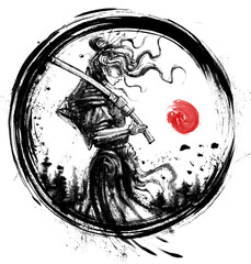 A beautiful samurai girl in Japanese armor with a katana on her shoulder, standing in profile against the red sun and forest, her hair flying in the wind. 2D illustration.