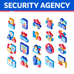 Security Agency Property Protect Icons Set Vector. Isometric Security Agency Service Video Monitoring Cctv And Car With Alarm Signal, Safe And Badge Illustrations