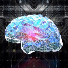 Artificial intelligence brain with red neuronal connexions, on an electronic background
