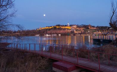 View from the confluence of the Sava and the Danube on the Belgrade Fortress Kalemegdan, Serbia.