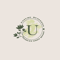 Circle nature tree U letter logo with green leaves in circle line shape for Initial business style with botanical leaf elements vector design.