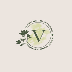 Circle nature tree V letter logo with green leaves in circle line shape for Initial business style with botanical leaf elements vector design.