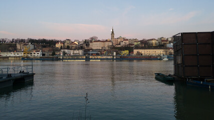 Sava river and cityscape of Belgrade at dusk, Serbia.