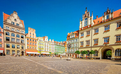 WROCLAW, POLAND. Architectural and buildings On Market Squar In Sunny Day