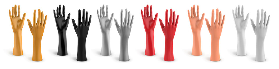 Fototapeta premium Mannequin of plastic female hand white, black, gold, silver, red, beige color. Jewelry holder. Hands holding something. Vector 3d realistic illustration on a white background.