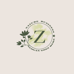 Circle nature tree Z letter logo with green leaves in circle line shape for Initial business style with botanical leaf elements vector design.