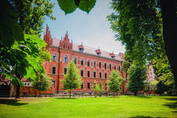 Krakow, Poland. Park with rakow seminary in the end. The historical center of Krakow.