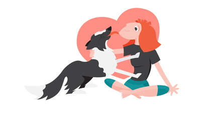 Young red head woman stroke a dog. Black and white border collie licking its owners face.
