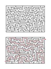 Vector rectangular maze isolated on white background. Education logic game labyrinth for kids. With the solution.