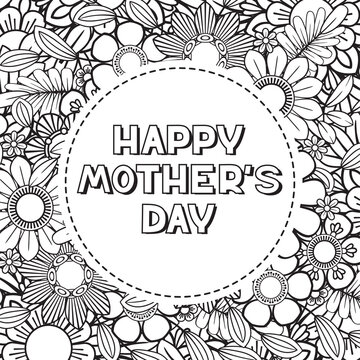 Happy Mother's Day coloring page for adult coloring book. Black and white vector illustration. Isolated on white background