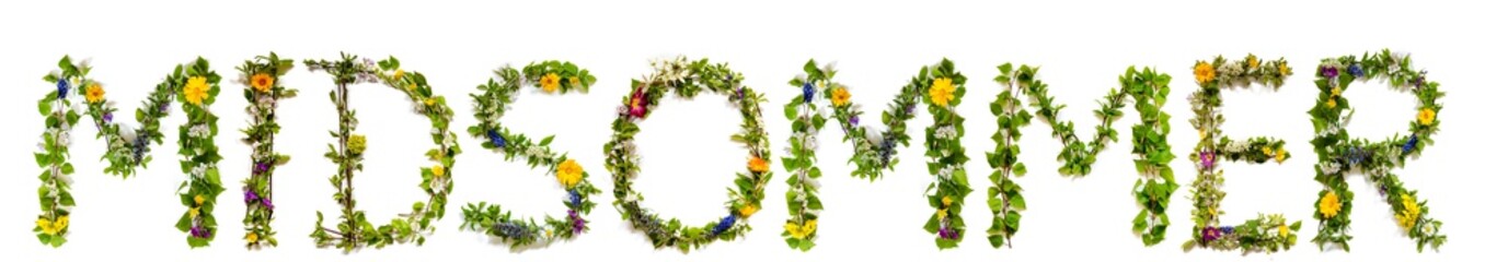 Flower, Branches And Blossom Letter Building Danish Word Midsommer Means Midsummer. White Isolated Background
