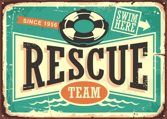 Beach rescue team vintage tin sign layout. Retro vector poster for life guard service.