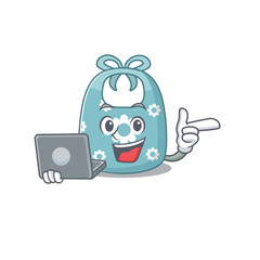 Smart cartoon character of baby apron studying at home with a laptop