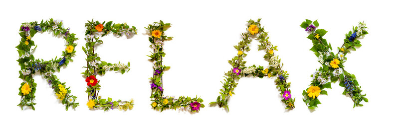 Flower, Branches And Blossom Letter Building English Word Relax. White Isolated Background