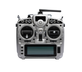 Remote control of FPV racing drone isolated on white background