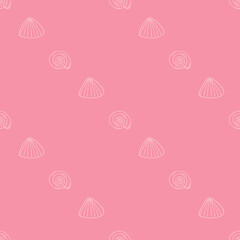 Seamless pattern with light pink sea shells on bright pink background. Vector image.