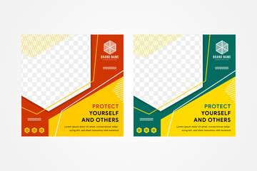 Healthcare post social media template square banner with hexagon space for photo and orange, green  background. suitable web promotion for protect yourself and others awareness. yellow element design