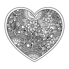 Heart with floral pattern. Valentines day adult coloring page. Vector illustration. Isolated on white background