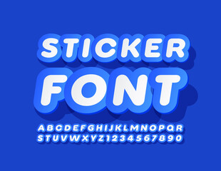 Vector Sticker Font. Creative Blue and White Alphabet Letters and Numbers