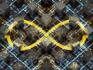 Quantum physics concept, infinity symbol made of yellow light, on an electronic background