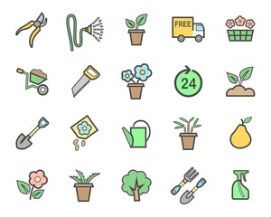 Gardening and landscaping, icons, set, color. Colored icons with a dark gray outline. Everything for the garden, buying and selling. Illustration. Vector image.  