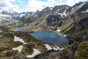 Obraz premium Beautiful view hiking in the Andorra Pyrenees Mountains in Ordino, near the Lakes of Tristaina