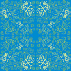 seamless pattern with leaves and flowers linocut style