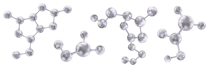 Molecules and molecular crystal lattices. Molecular bonds. Molecules of silver color. Set. Vector abstract 3d illustration of a molecular model isolated on white background.