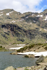 Beautiful view hiking in the Andorra Pyrenees Mountains in Ordino, near the Lakes of Tristaina