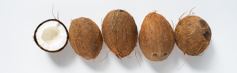 top view of fresh tasty whole coconuts and half on white background, panoramic shot