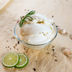 cream cheese in a glass plate