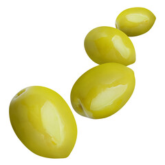 Flying delicious olives, isolated on white background