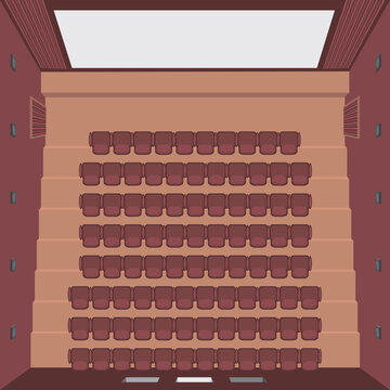 Red cinema theater hall. (top view) 
Cinema auditorium with screen and seats. (View from above)