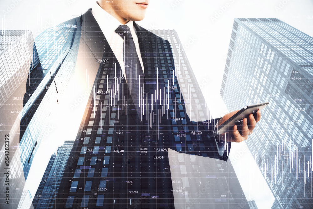 Poster businessman using tablet and digital falling chart