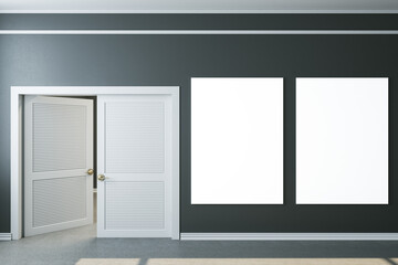Minimalistic home interior with door and two empty banners
