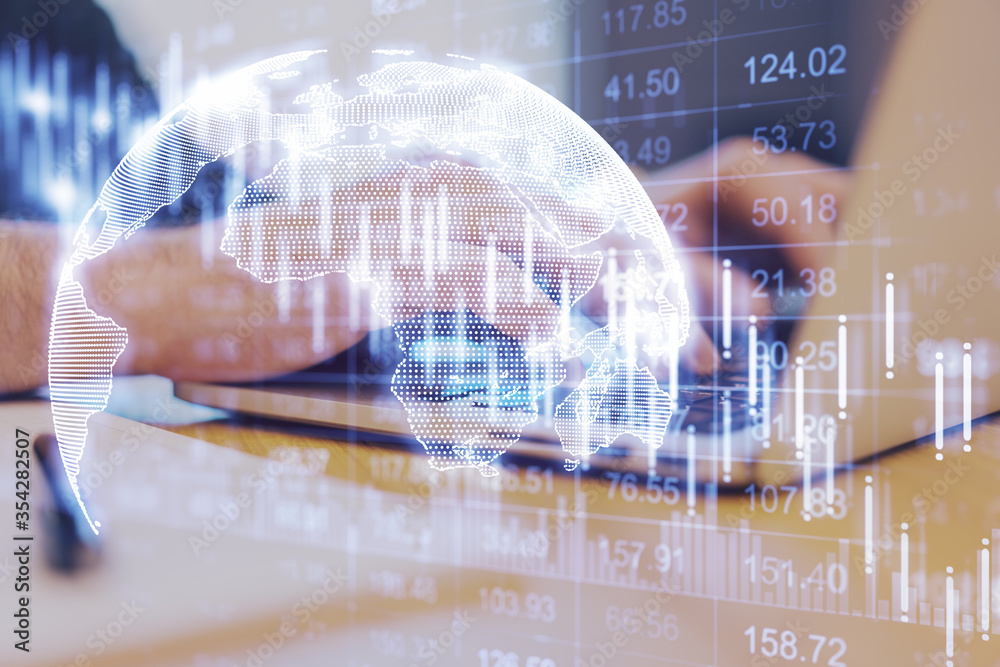 Poster hands typing on laptop and abstract falling stock exchange statistics