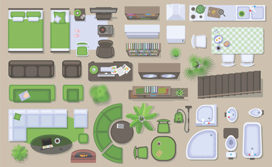 Icons set of interior (top view). Isolated Vector Illustration. Furniture and elements for living room, bedroom, kitchen, bathroom. Floor plan (view from above). Furniture store.
