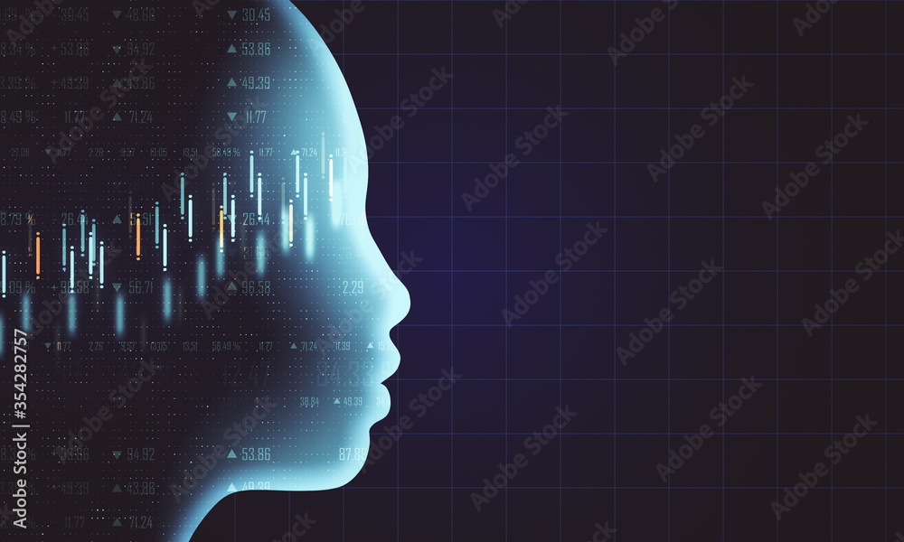 Poster Side view of glowing head with stock chart