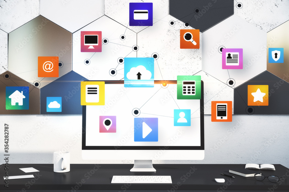 Leinwandbilder Workplace with computer on table and color cloud computing diagram
