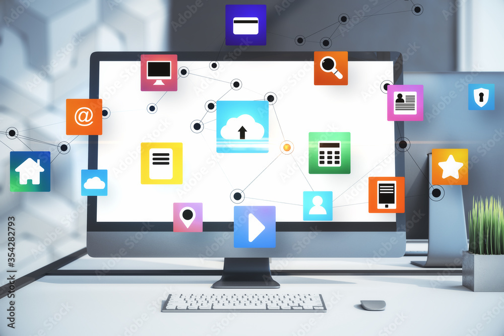 Aufkleber Workplace with computer on table and cloud computing diagram.