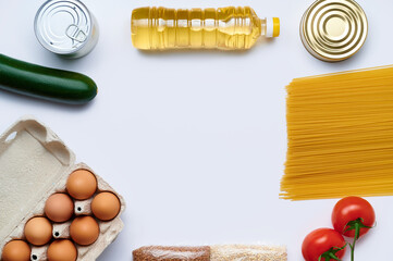 Set of different products on white background, flat lay. Food donation. Sunflower oil, tomatoes, pasta, canned food, bread, loaf, eggs, pepper