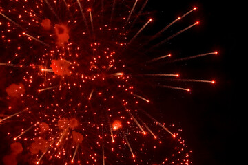 Fototapeta na wymiar Salute. Bright, red splashes of fireworks in the dark sky. Night fireworks.