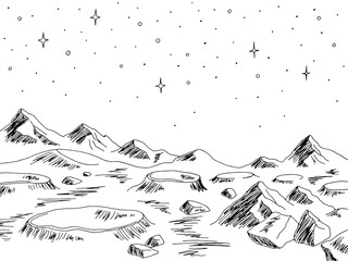 Moon landscape graphic black white space sketch illustration vector © aluna1