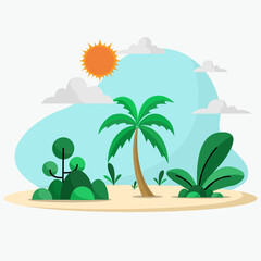 summer beach landscape,flat vector icon nature weather concept template, vector illustration.